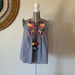 Embroidered Boho Sleeveless Woman’s Top Stripe Size M